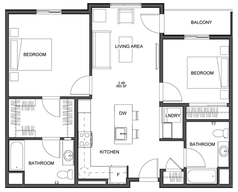 Floor plan for 2 beds, 2 baths, 960 sqft